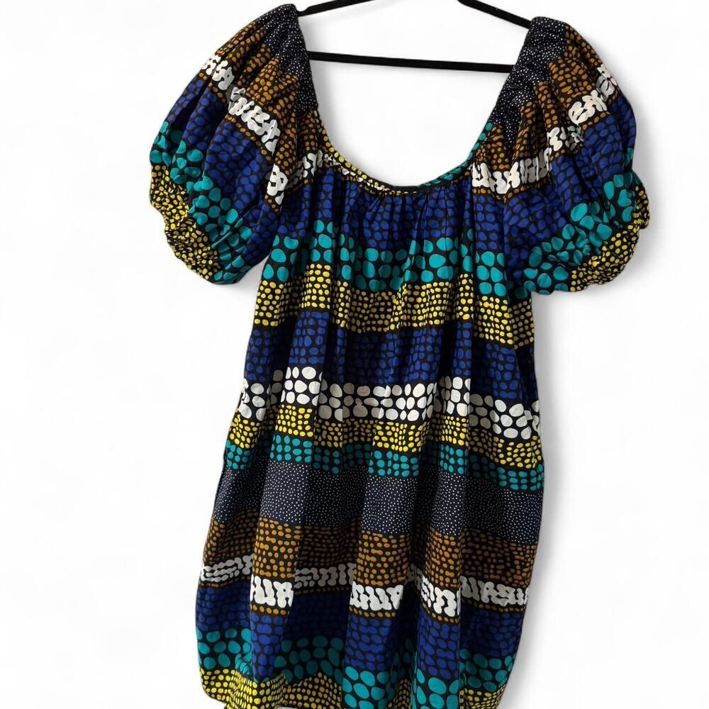 GrassFields Puff Sleeve Dress 2X Bold African Print Smocked Babydoll Mini Africa - Picture 2 of 7